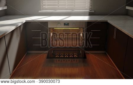 A Look Across A Clean Kitchen With Cupboards And An Open Empty Hot Oven With Morning Light Coming Th