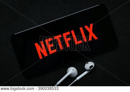 Krakow, Poland - October 07, 2020: Netflix Sign On The Smartphone Screen. Netflix Is A Famous Provid