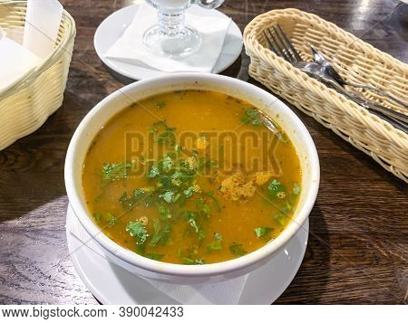 Hot Spicy Soup Kharcho In White Tureen, Georgian Cuisine