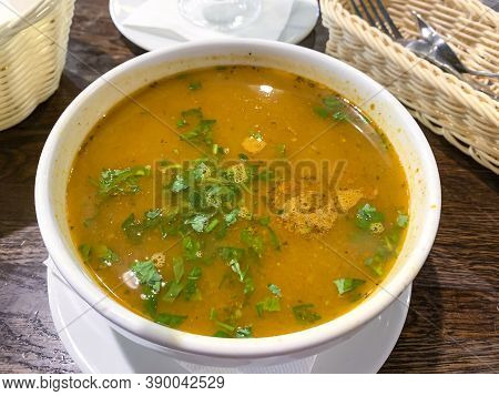 Hot Spicy Soup Kharcho In White Tureen, Georgian Cuisine
