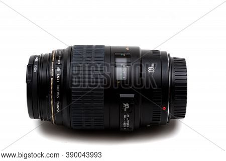 London, United Kingdom, 21st September 2020:- A Canon 100mm F2.8 Usm Macro Lens Isolated On A White 