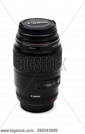 London, United Kingdom, 21st September 2020:- A Canon 100mm F2.8 Usm Macro Lens Isolated On A White 