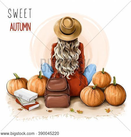 Back View Of Woman Sitting On The Ground. Blonde Hair Girl With Hat. Cozy Autumn Set With Pumpkins, 
