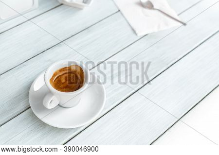 Warm Tasty Rich Italian Black Espresso Coffee Cup In White Mug On Vintage Light Blue Wooden Rerto St