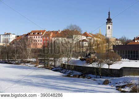 Colorful Royal Snowy Medieval Town Pisek Above The Frozen River Otava, Czech Republic