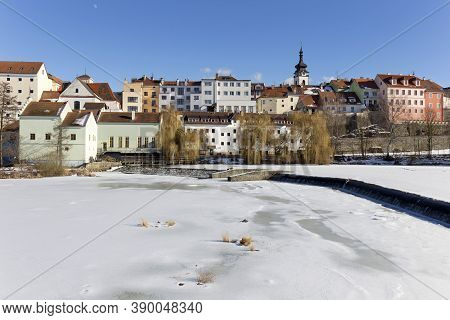 Colorful Royal Snowy Medieval Town Pisek Above The Frozen River Otava, Czech Republic