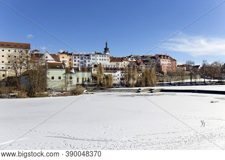 Colorful Royal Snowy Medieval Town Pisek Above The Frozen River Otava, Czech Republic