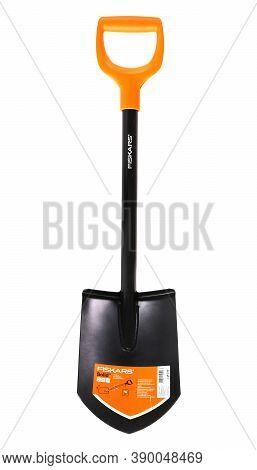 Novyy Urengoy, Russia - October 3, 2020: Black And Orange Fiskars Solid Shovel Isolated Over White B