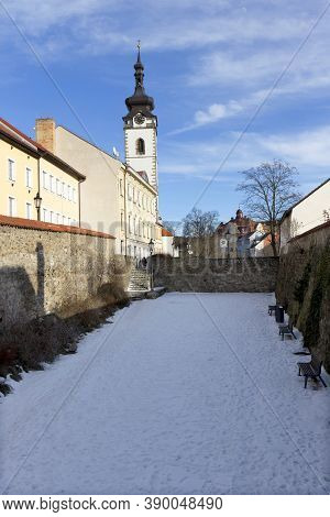 Colorful Royal Snowy Medieval Town Pisek Above The Frozen River Otava, Czech Republic