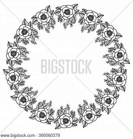Black And White Isolated Flower Frame With Leaves And Twigs And Space For Text. Vector Image. Stock 