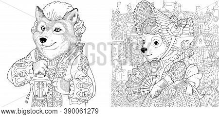 Coloring Page. Wolf Man And Dog Woman. Line Art Drawing For Adult Or Kids Coloring Book In Zentangle