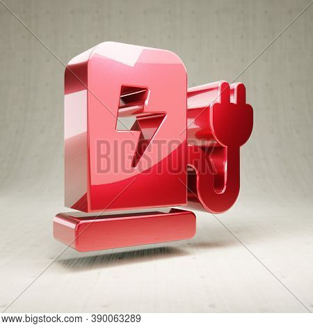 Charging Station Icon. Gold Glossy Charging Station Symbol Isolated On White Concrete Background. Mo