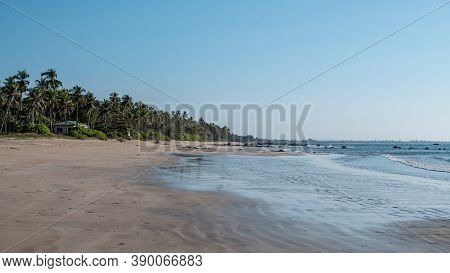 An Empty Tropical Beach With Palm Trees And Palm Trees, Relaxation, Peace And Quiet, North Of Chaung