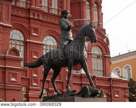 Moscow, Russia - 10.30.2020: Bronze Statue Of Soviet Marshall Georgiy Zhukov Near The Building Of Th