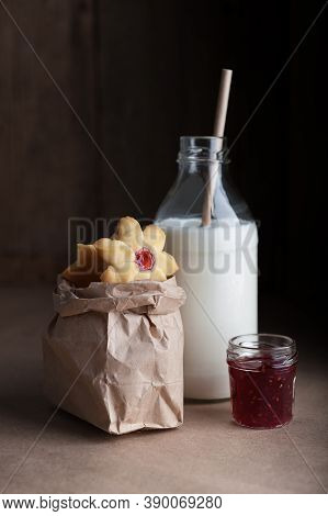 Kurabie Cookies With Raspberry Jam And Milk