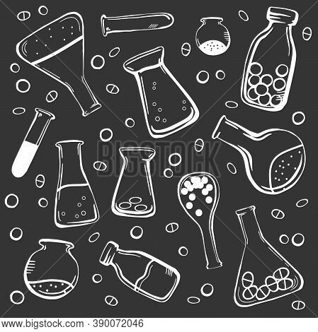 Set Of Medical Bottles Isolated White Outline On A Black Background. Chalk Drawing Doodle Style On A