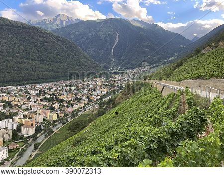 Martigny, Switzerland - August 2, 2019: Terraced Vineyards Above Martigny In Valais Switzerland