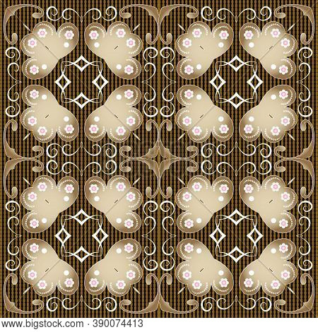 Floral Ethnic Seamless Pattern. Colorful Textured Dotted Lines Backgdround. Ornamental Repeat Vector