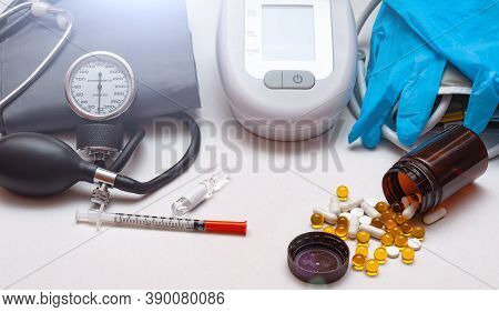 Different Medical Objects On White Background. Health Care