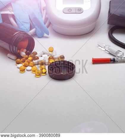 Different Medical Objects On White Background. Health Care. Place For Text. Copy Space