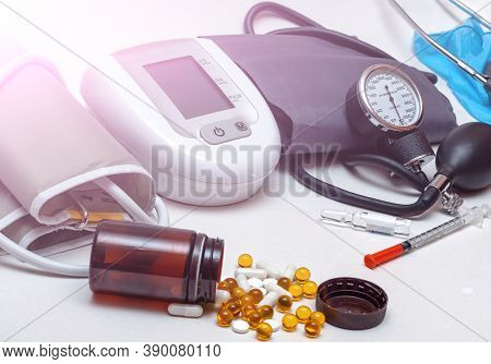 Different Medical Objects On White Background. Health Care.