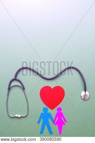 Family Paper Cut Out With Red Heart And Stethoscope, Heart Health, Family Health Insurance Concept, 