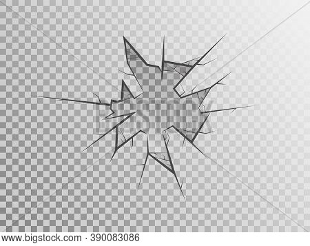 Broken Glass On Transparent Backdrop. Cracked Window Concept. Realistic Crack Texture. Pieces Of Gla