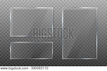 Glass Plate Set On Transparent Background. Realistic Window With Shadow. Isolated Clear Sheet Collec