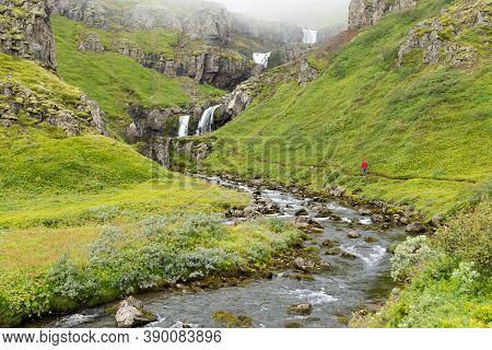 Klifbrekkufossar Falls In Summer Season View, Iceland. Icelandic Landscape.