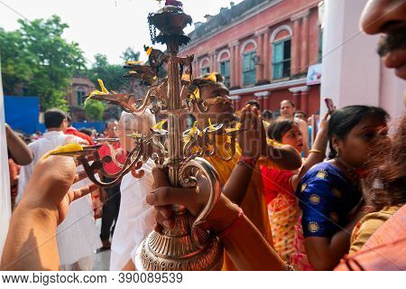 Kolkata, West Bengal, India - 6th October 2019 : Hindu Female And Male Devotees Praying To Goddess D