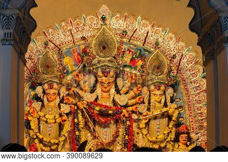 Kolkata, West Bengal, India - 6th October 2019 : Traditional Decorated Goddess Durga Idol At Shobhab