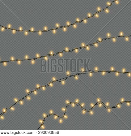 Christmas Lights Isolated On A Transparent Background. Christmas Electric Garland Of Yellow Light Bu