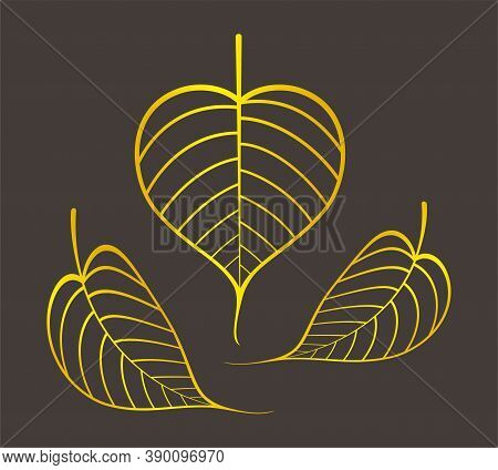 Golden Pho Leaf Graphic, Pho Leaves Gold Color, Pho Leaf Art Line For Buddhist Symbols