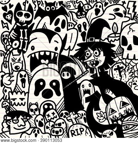 Happy Halloween Illustration, Wolfman, Spooky, Vampire And Witch Surrounding The Ghost Lovely Happy