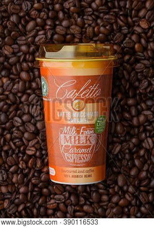 London, Uk - September 09, 2020: Plastic Cup Of Cafetto Latte Macciato Caramel Cold Coffee On Top Of
