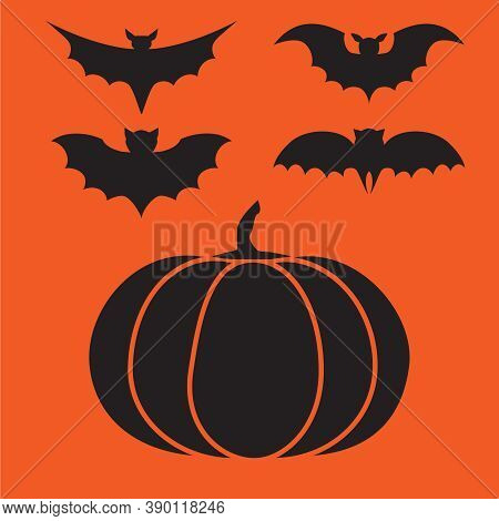Funny Halloween Mystery Vampire Silhouettes. Dark Spooky Bats Monsters Isolated From Orange Backgrou