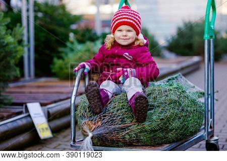 Adorable Little Toddler Girl With Christmas Tree On Shopping Cart Or Trolley On Market. Happy Health
