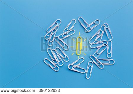 Great Ideas Concept With Paperclip,thinking,creativity,light Bulb On Blue Background,new Ideas Conce