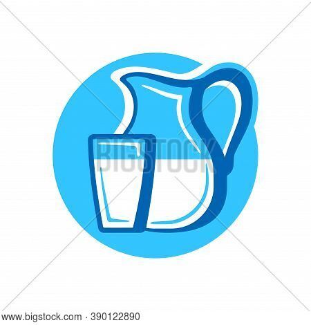 Milk Icon - Jug And Glass Silhouette In Blue Circle - Dairy Pruducts Emblem - Isolated Vector Logo