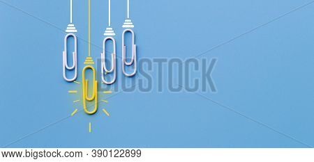 Great Ideas Concept With Paperclip,thinking,creativity,light Bulb On Blue Background,new Ideas Conce