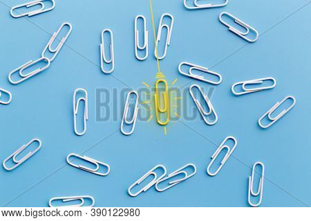Great Ideas Concept With Paperclip,thinking,creativity,light Bulb On Blue Background,new Ideas Conce