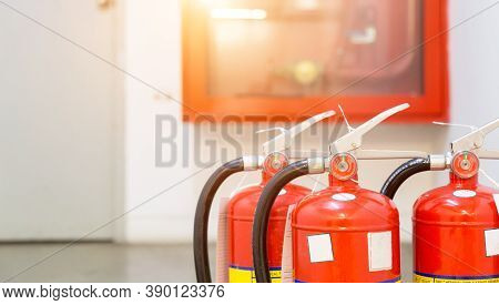 Red Tank Of Fire Extinguisher. Overview Of A Powerful Industrial Fire Extinguishing System. Emergenc