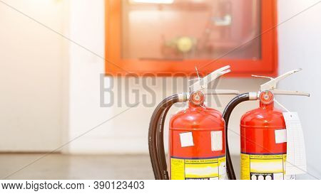 Red Tank Of Fire Extinguisher. Overview Of A Powerful Industrial Fire Extinguishing System. Emergenc