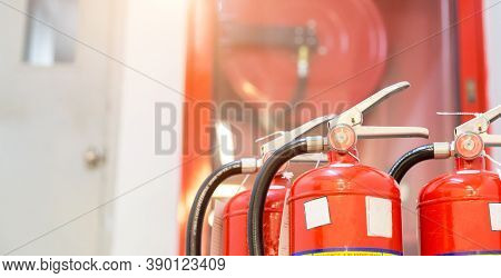 Red Tank Of Fire Extinguisher. Overview Of A Powerful Industrial Fire Extinguishing System. Emergenc
