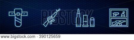 Set Line Bullet, Knife Holster, M16a1 Rifle And Hunting Shop Weapon. Glowing Neon Icon On Brick Wall