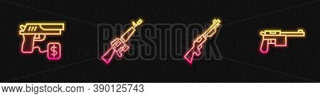 Set Line Hunting Gun, Buying Pistol, M16a1 Rifle And Mauser. Glowing Neon Icon. Vector