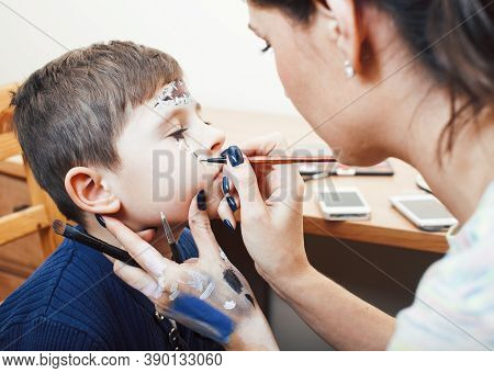 Little Cute Child Making Facepaint On Birthday Party, Zombie Apocalypse Facepainting, Halloween Prep