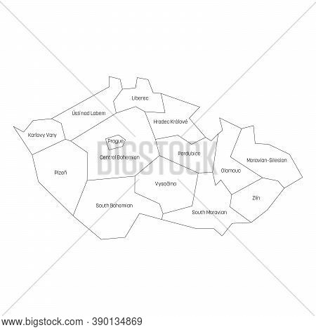 Regions Of The Czech Republic. Map Of Regional Country Administrative Divisions. Black Outline Vecto