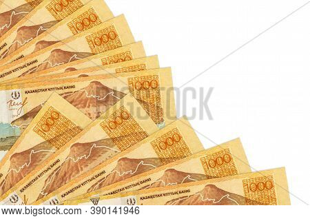 1000 Kazakhstani Tenge Bills Lies Isolated On White Background With Copy Space Stacked In Fan Close 