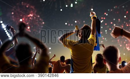 Fans Celebrate In Stadium Arena Night Fireworks